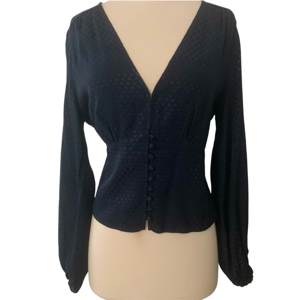 Sanctuary Navy Blue Long Sleeve Peplum Button Blouse Medium Polka‎ Dots